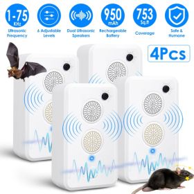 4pcs Ultrasonic Pest Repeller - 1-75KHz Adjustable 6 Levels, Repels Bats Birds Mice, 753Sq.ft Coverage, 950mAh Rechargeable For Indoor Outdoor Us (Option: Defaulttitle)