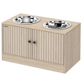 Elevated Dog Bowls with Storage Cabinet,  2 Stainless Steel Bowls, Slow Feeder, Dog Feeding Station for Large Dogs, Oak (Option: Oak-710x435x150 mm)